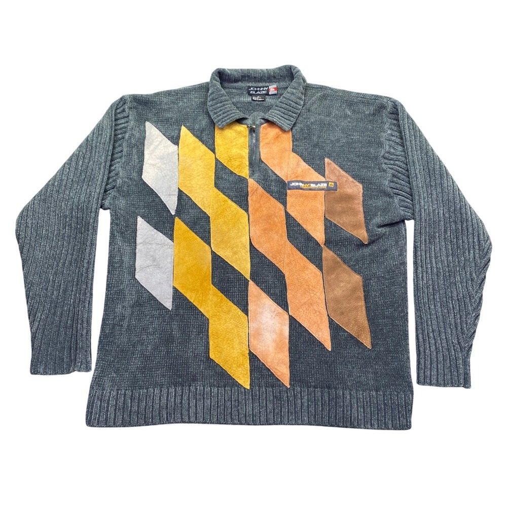 VTG Johnny Blaze Vintage Grey Suede Patchwork 1/4 Zip Knit Sweater Y2K Mens XL